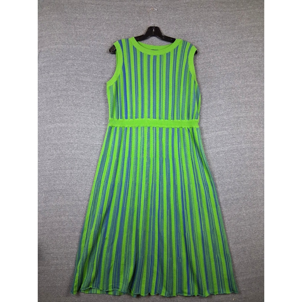 Misook Womens Dress L Green Blue Stripe Knit Maxi Retro Chic Resort Minimalist